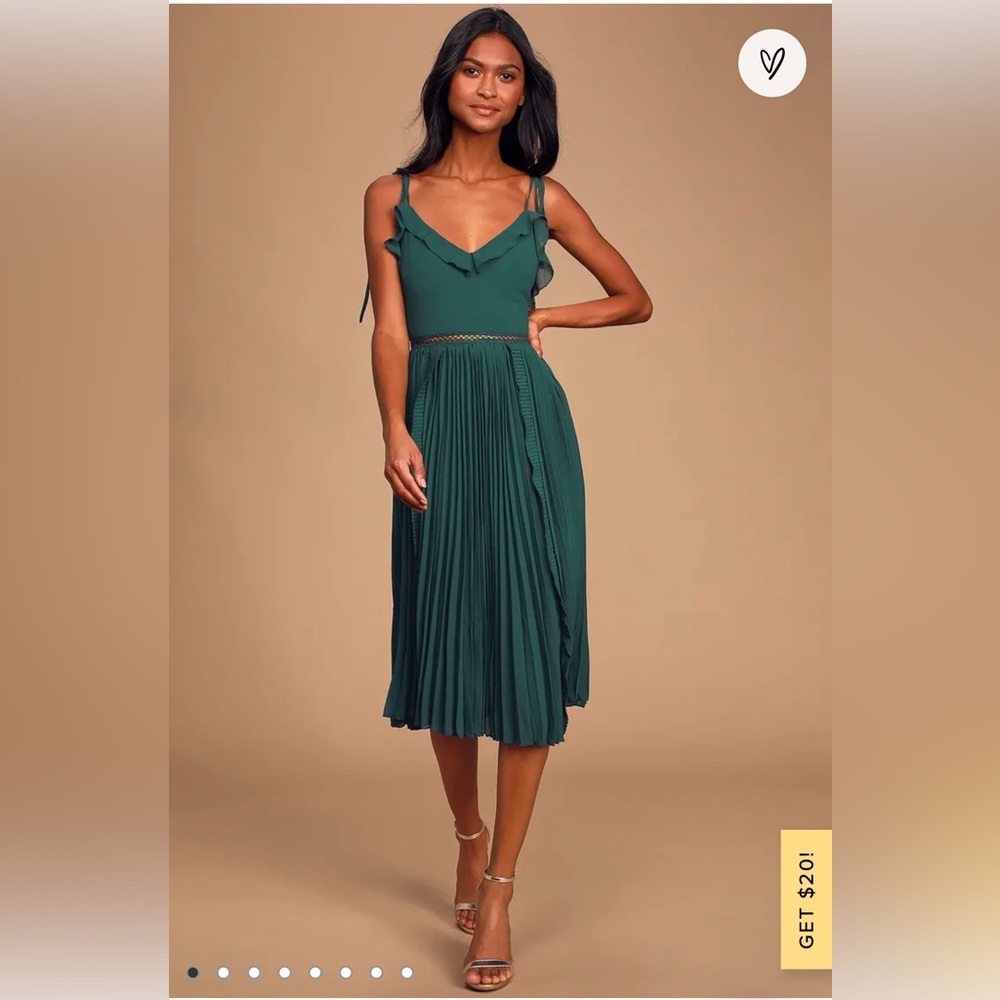 Lulus Never a Dull Moment Emerald Green Tie-Strap Pleated Midi Dress size XS
